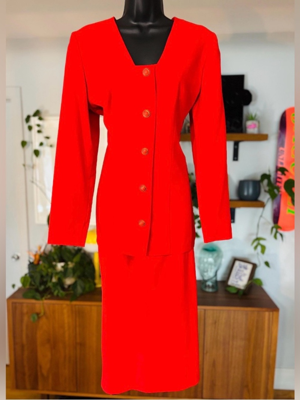 VTG Handmade 2-Piece Red Suit – Blazer & Pencil Skirt – XS–S, 1980s–1990s